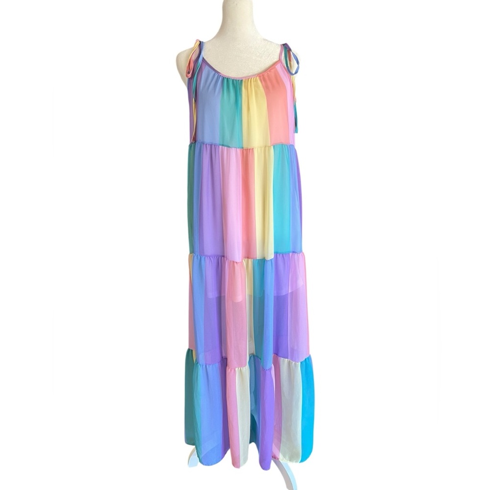 Rainbow Colorful‎ Pastel Striped Tiered Tie-Shoulder Maxi Dress Made in USA Sz S